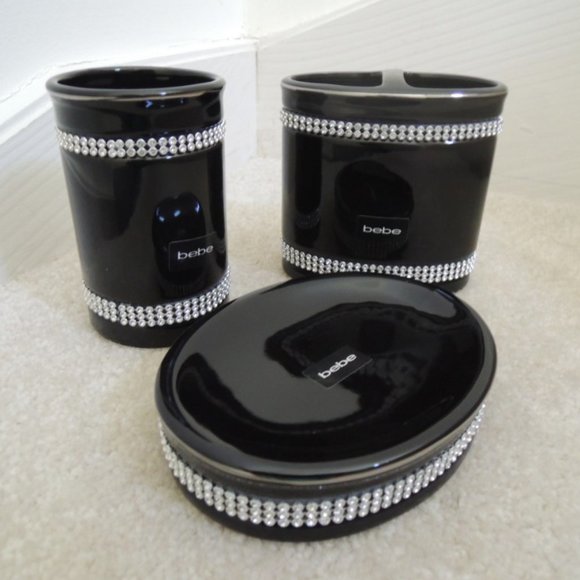 Bebe 3 Pc Bathroom Set Black Ceramic + Rhinestone Soap Dish/Tumbler/Holder NEW - Picture 1 of 11